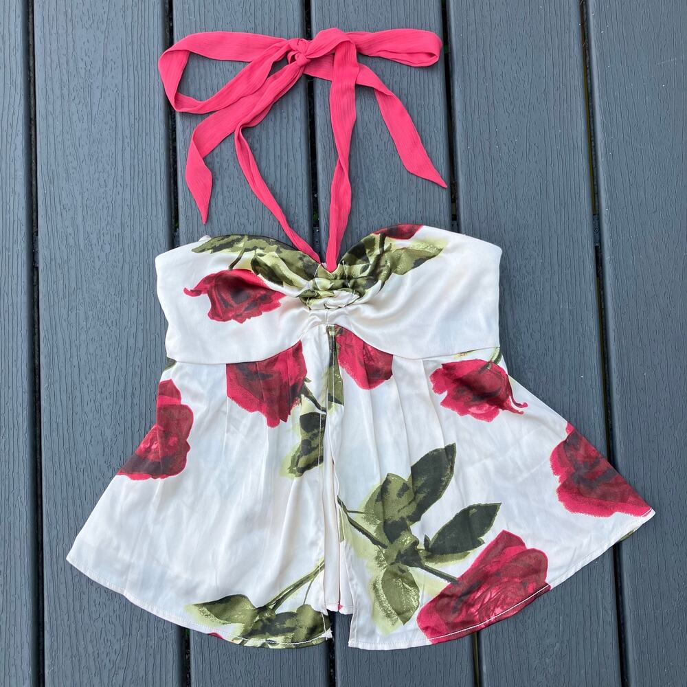 White and red floral babydoll halter top with split hem, Y2K coquette fairycore